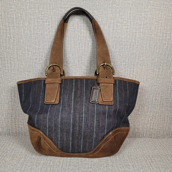 RARE Vintage COACH Bag Blue Denim Brown Suede Satchel Wristlet